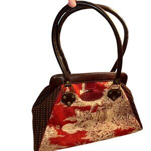 Second Wind Hand made upcycled red toile print leather carpet bagger purse bag